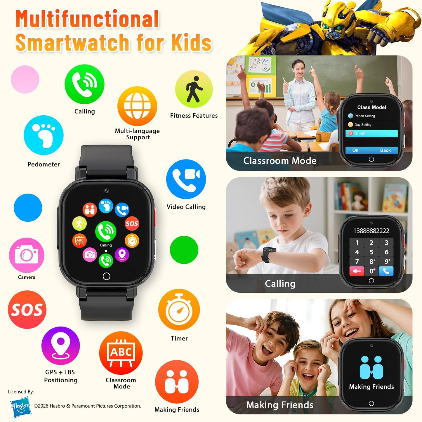 Transformers 4G Kids Smart Watch Phone, GPS, Video Call, Waterproof - Pink | Smartwatch for Boys Girls Ages 4-12, Class Mode, SOS, Camera, Alarm, Touch Screen, Gifts with Bonus Woven Strap & SIM Card
