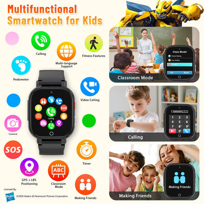 Transformers 4G Kids Smart Watch Phone, GPS, Video Call, Waterproof - Pink | Smartwatch for Boys Girls Ages 4-12, Class Mode, SOS, Camera, Alarm, Touch Screen, Gifts with Bonus Woven Strap & SIM Card