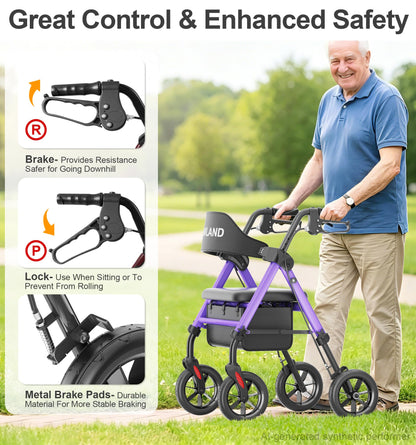HOMLAND Walkers for Seniors with Seat, Foldable Rollator Walker, Reinforced Aluminum Frame, 8" Big Rubber Wheels for All Terrain, Height Adjustable Lightweight Rolling Walker