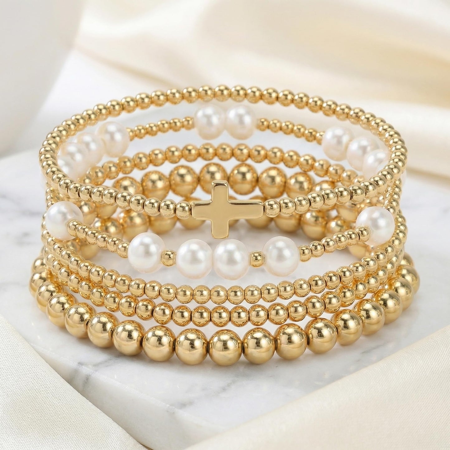 14K Gold Plated Pearl Beaded Cross Bracelets Stack Set for Women,Stretch Boho Colorful Christian Beads Ball Jewelry Friendship Summer Trendy Gift