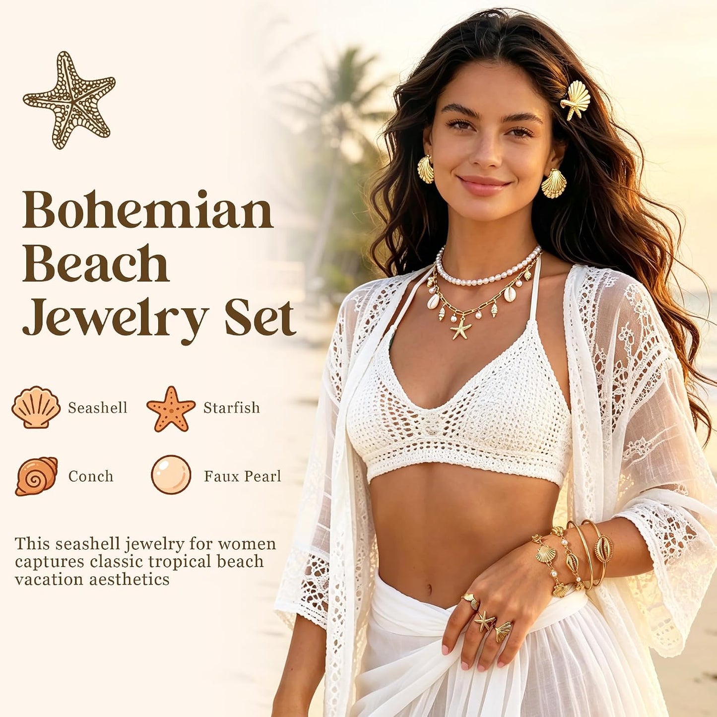 33 Pcs Seashell Starfish Jewelry Set for Women Gold | Layered Beachy Necklace Stackable Pearl Starfish Shell Bracelets Rings Earrings Set Beach Vacation Accessories