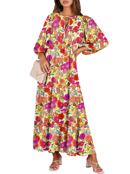 ANRABESS Womens Boho Floral 3/4 Puff Sleeve Maxi Dress | Tiered Flowy Loose Fit, Comfy Soft Rayon Fabric, Wedding Guest Church Beach, Modest Elegant, Spring Summer Fall Outfits