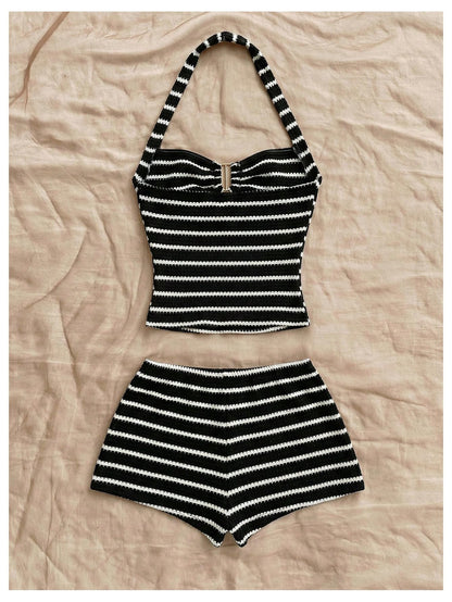 SOLY HUX Women's Summer 2 Piece Outfits Striped Crochet Halter Top Mini Shorts Set Beach Vacation Y2K Sets