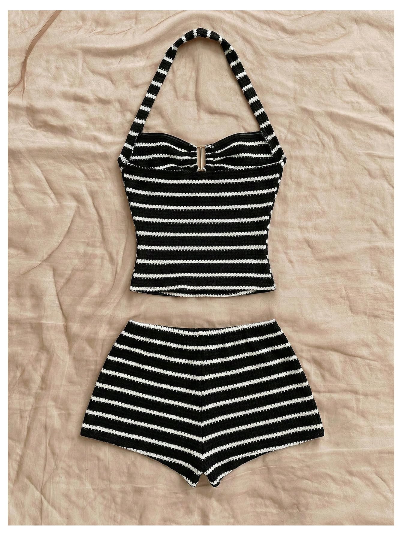 SOLY HUX Women's Summer 2 Piece Outfits Striped Crochet Halter Top Mini Shorts Set Beach Vacation Y2K Sets