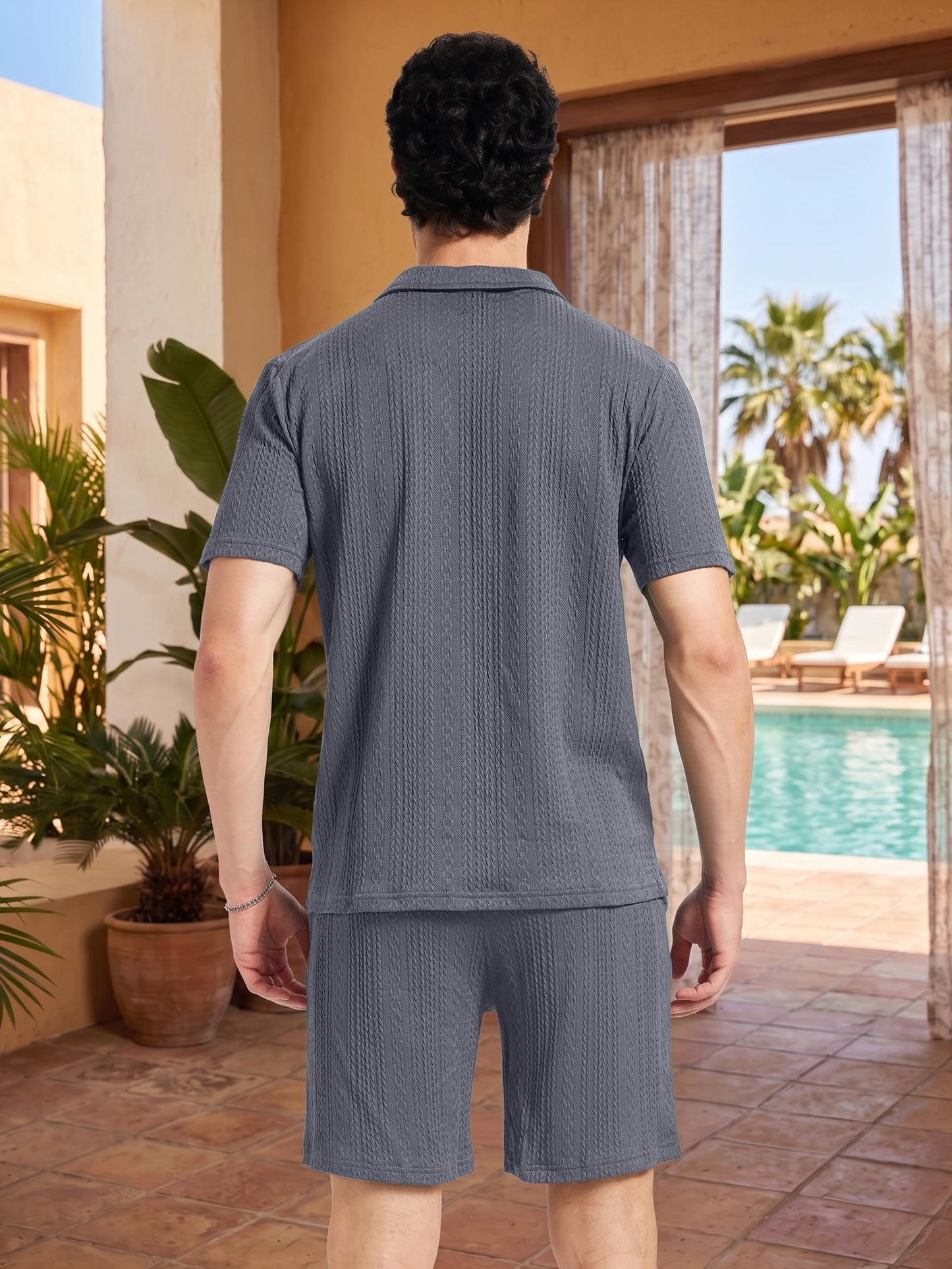 yuyangdpb Men's 2 Piece Summer Vacation Outfits Polo Shirt & Shorts Set | Breathable Textured Knit Fabric, Stretchy, Soft, Moisture-wicking, Lightweight, Ideal for Beach Casual Tracksuit, M-2XL