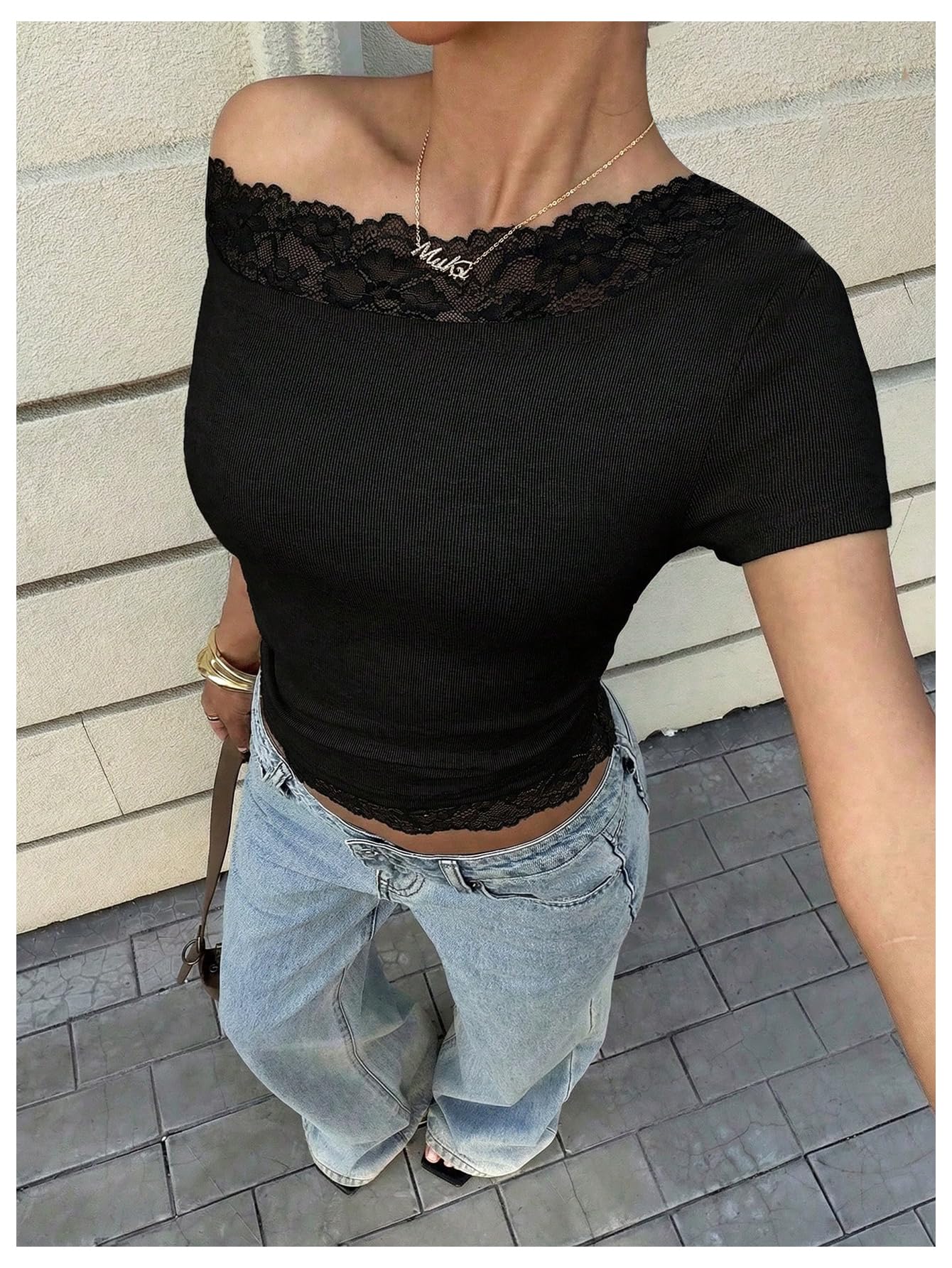 Verdusa Women's Y2K Lace Off The Shoulder Tops Cropped T Shirts Summer Chic Outfits