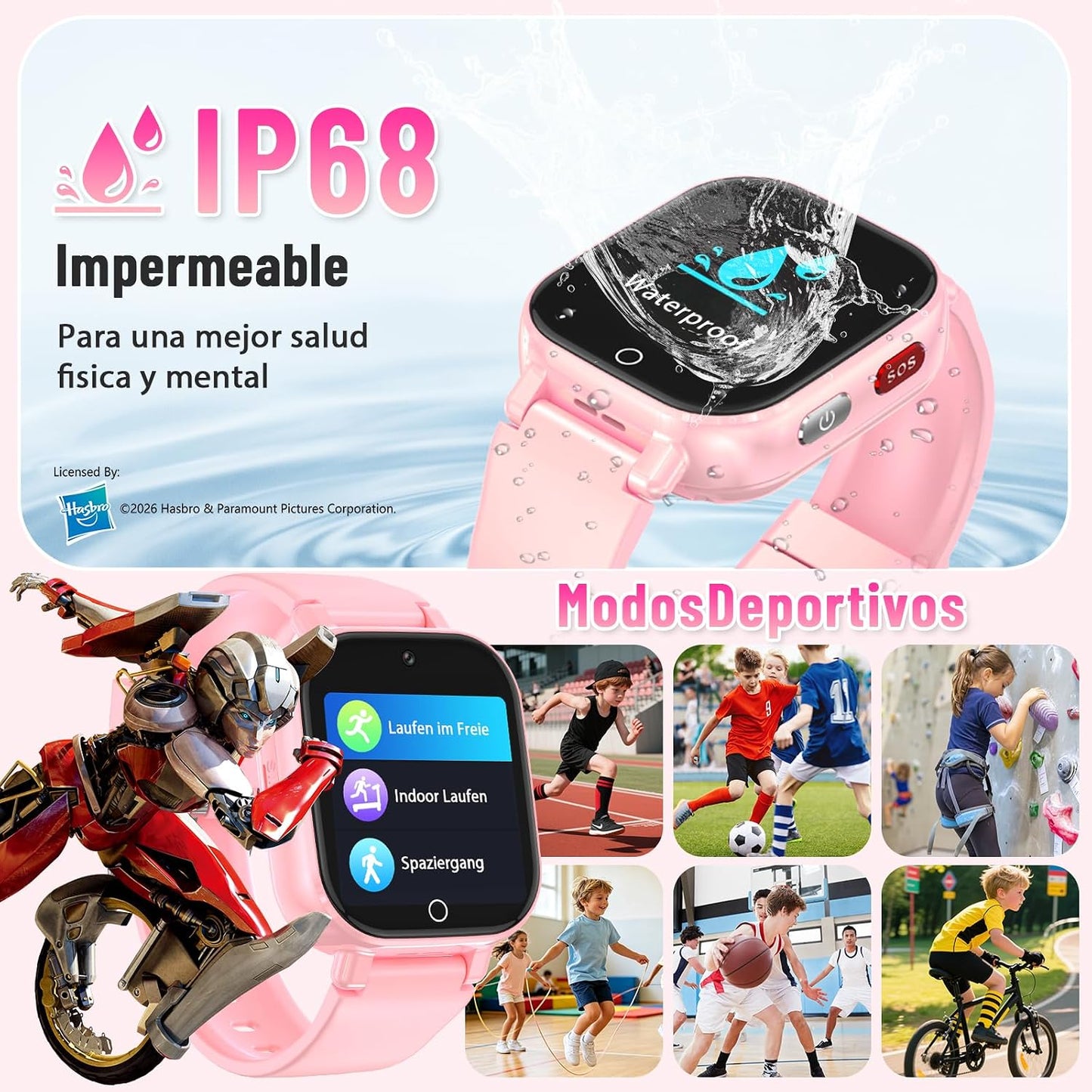 Transformers 4G Kids Smart Watch Phone, GPS, Video Call, Waterproof - Pink | Smartwatch for Boys Girls Ages 4-12, Class Mode, SOS, Camera, Alarm, Touch Screen, Gifts with Bonus Woven Strap & SIM Card