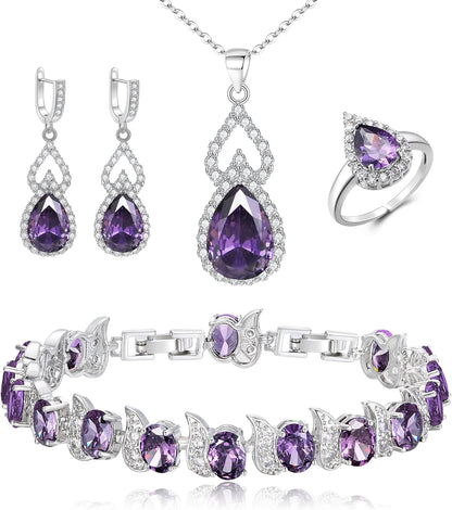 BriLove Wedding Jewelry Set for Women Bride Bridesmaid | Gorgeous Cubic Zirconia Teardrop Necklace Earrings Bracelet Adjustable Ring Jewelry Gift for Birthday/Anniversary