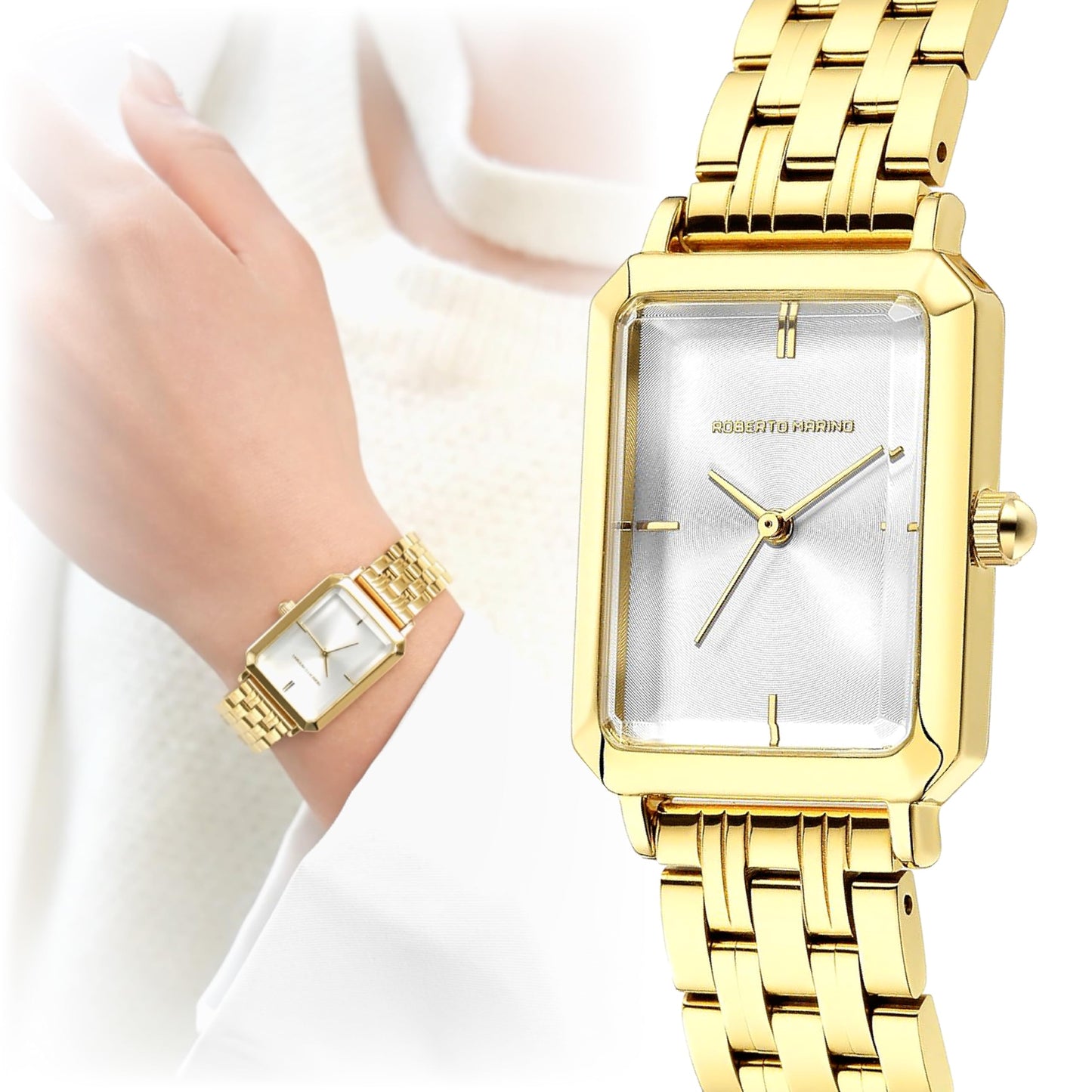 Roberto Marino RM1982 Women’s Luxury Watch Rectangular Gold – Japanese Quartz Movement, Vintage Stainless Steel Design, Silver Dial, Elegant Dress Timepiece, 3ATM Water Resistant – Reloj para Mujer