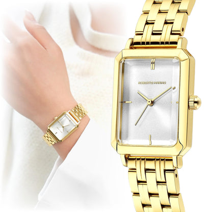 Roberto Marino RM1982 Women’s Luxury Watch Rectangular Gold – Japanese Quartz Movement, Vintage Stainless Steel Design, Silver Dial, Elegant Dress Timepiece, 3ATM Water Resistant – Reloj para Mujer
