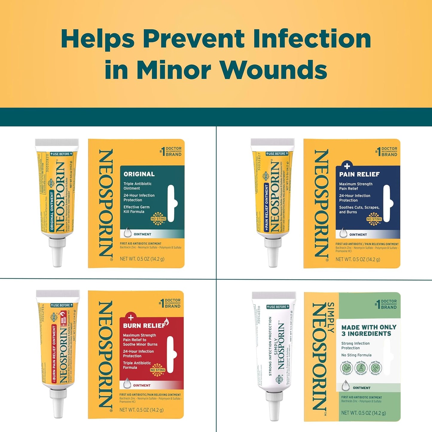 Neosporin Original First Aid Triple Antibiotic Ointment with Bacitracin Zinc for Infection Protection, Wound Care Treatment & Helps Minimize the Appearance of Scars for Minor Wounds, .5 oz
