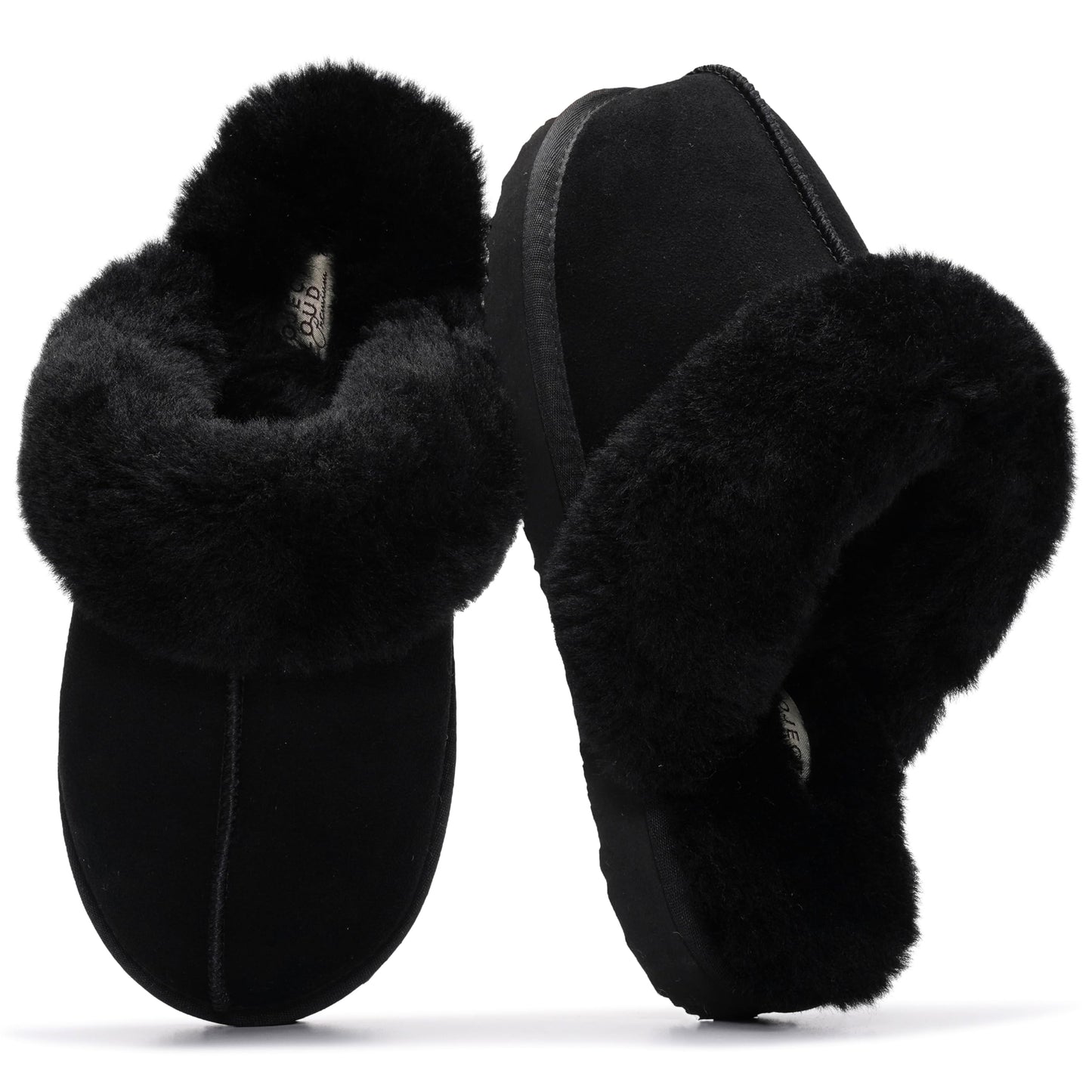 Project Cloud Genuine Leather Slippers for Women with Genuine Fur Lining, Non-Slip Indoor/Outdoor Clog Mule Slippers, Memory Foam Insole