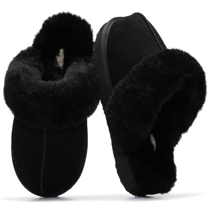 Project Cloud Genuine Leather Slippers for Women with Genuine Fur Lining, Non-Slip Indoor/Outdoor Clog Mule Slippers, Memory Foam Insole