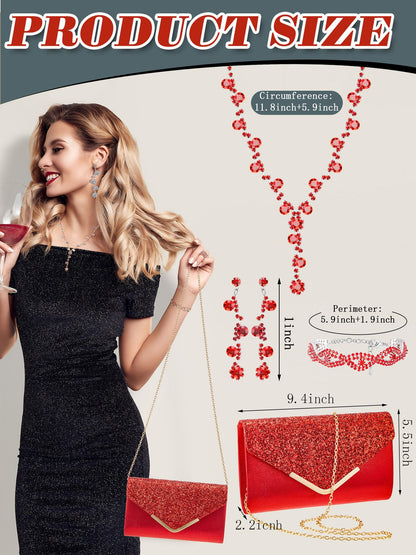 Henoyso 5 Pcs Purse Rhinestone Jewelry Set Prom Jewelry Rhinestone Clutch Purse Necklace Earrings Bracelets for Women Bride