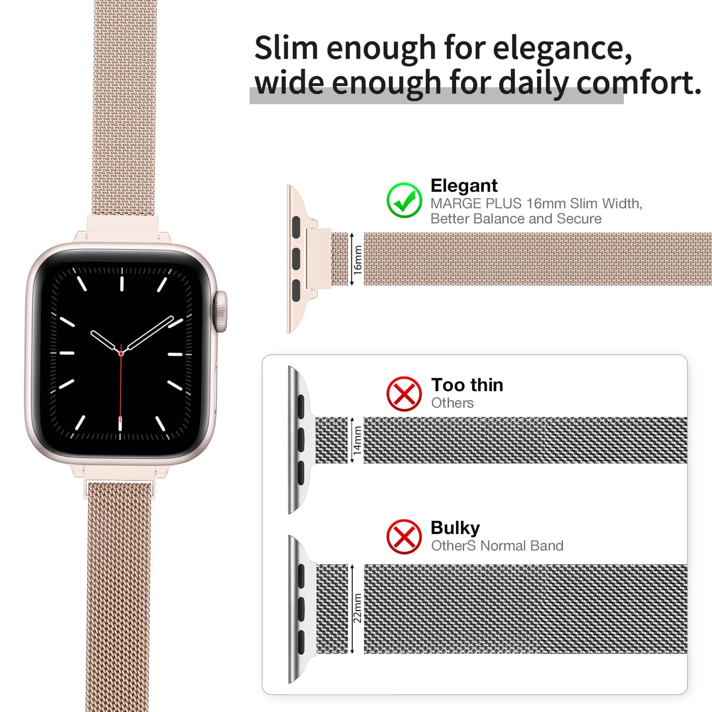 MARGE PLUS Slim Milanese Loop Compatible with Apple Watch Band for women 41mm 40mm 38mm 42mm 46mm 45mm 44mm, Stainless Steel Magnetic Mesh Strap work on iWatch Series 11 10 9 8 7 6 5 4 3 & SE 3 2 1