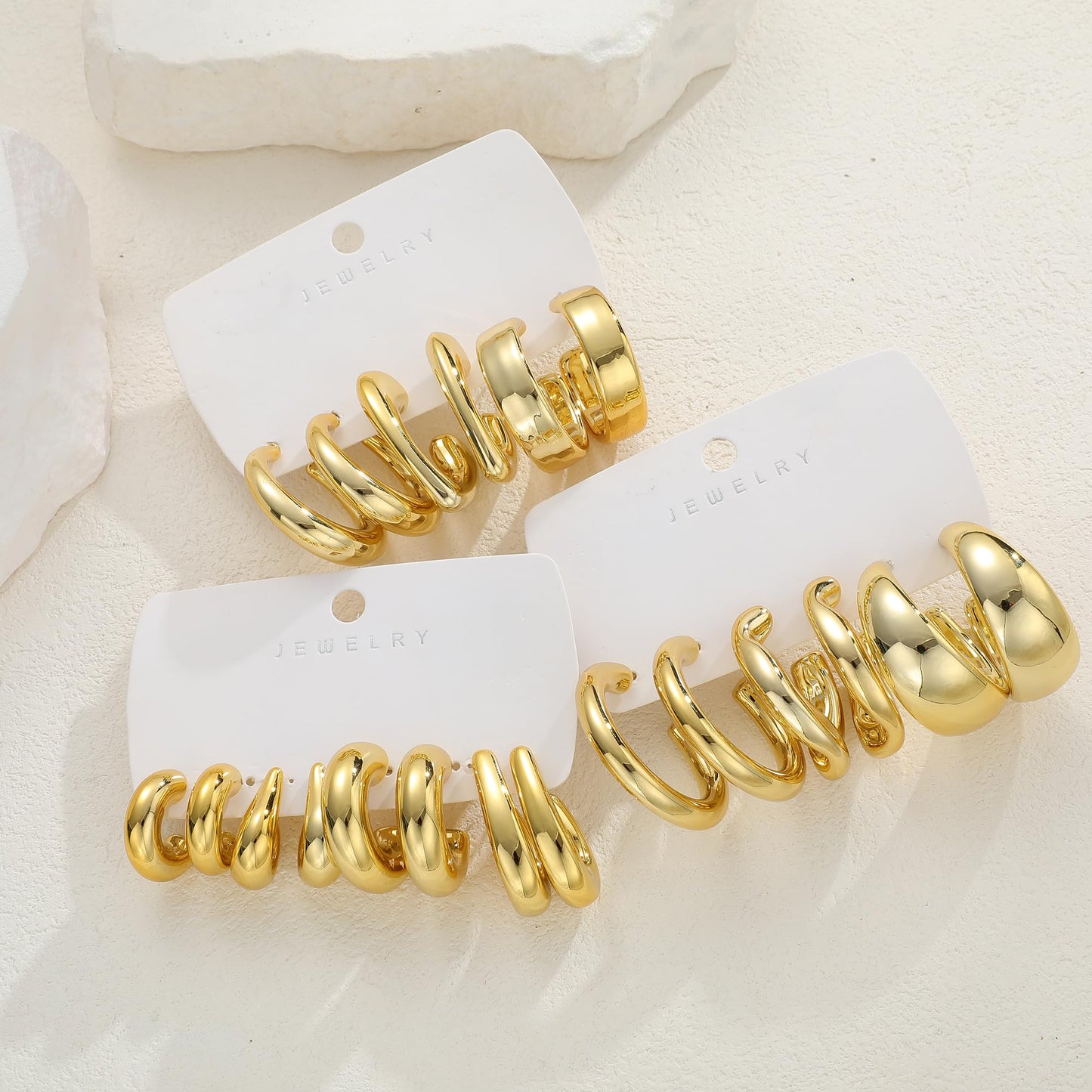 12 Pairs Chunky Gold Hoop Earrings for Women Trendy, Gold Plated Lightweight Hypoallergenic Stack, Thick Open Twisted Huggie Hoops Earring Set