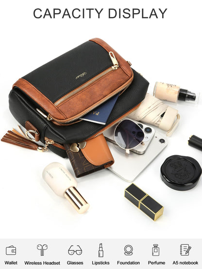 Small Leather Crossbody Bags for Women Anti theft Purses and Handbag Shoulder Hangbag with Wide Strap Tassel