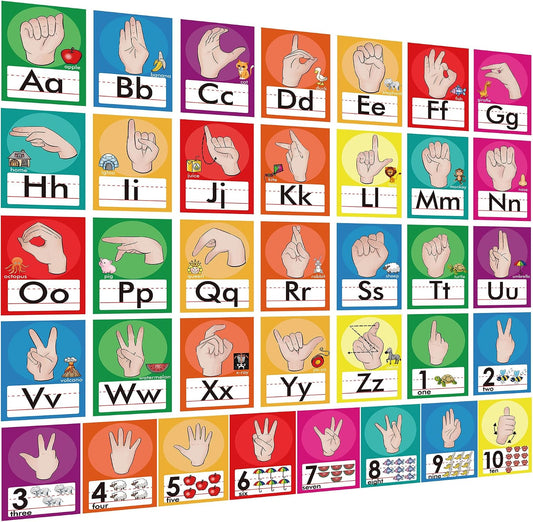 36 Pieces ASL Alphabet Line Bulletin Board Set ABC Number Sign Language Flash Cards Wall Decorations for Pre-School Kindergarten Elementary Classroom Nursery Homeschool (Bright Colors)