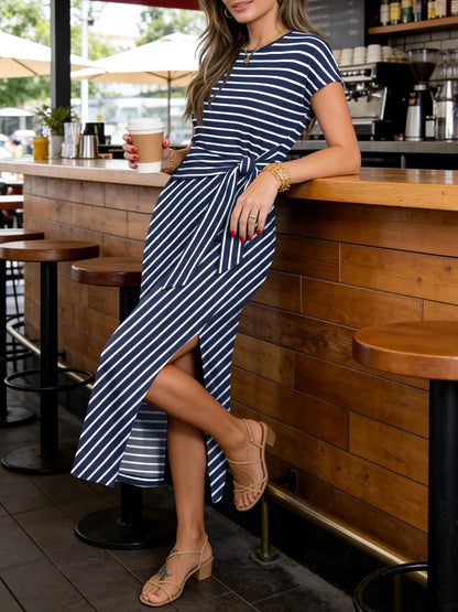 ANRABESS Womens Summer Maxi Dress Casual Crew Neck Tie Waist Split Wrinkle-Free Fit Long Fashion Vacation Dresses 2026 Spring