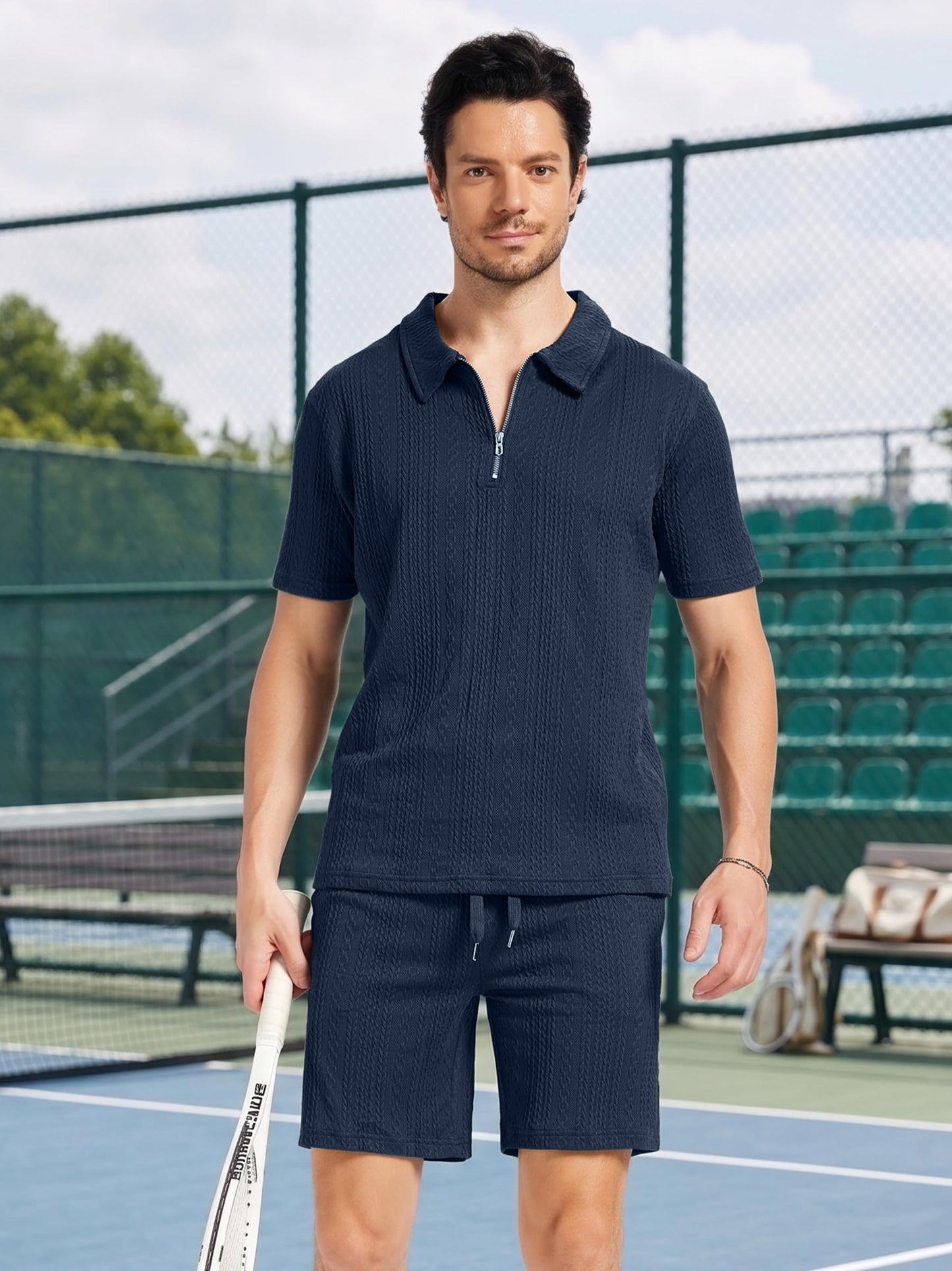 yuyangdpb Men's 2 Piece Summer Vacation Outfits Polo Shirt & Shorts Set | Breathable Textured Knit Fabric, Stretchy, Soft, Moisture-wicking, Lightweight, Ideal for Beach Casual Tracksuit, M-2XL