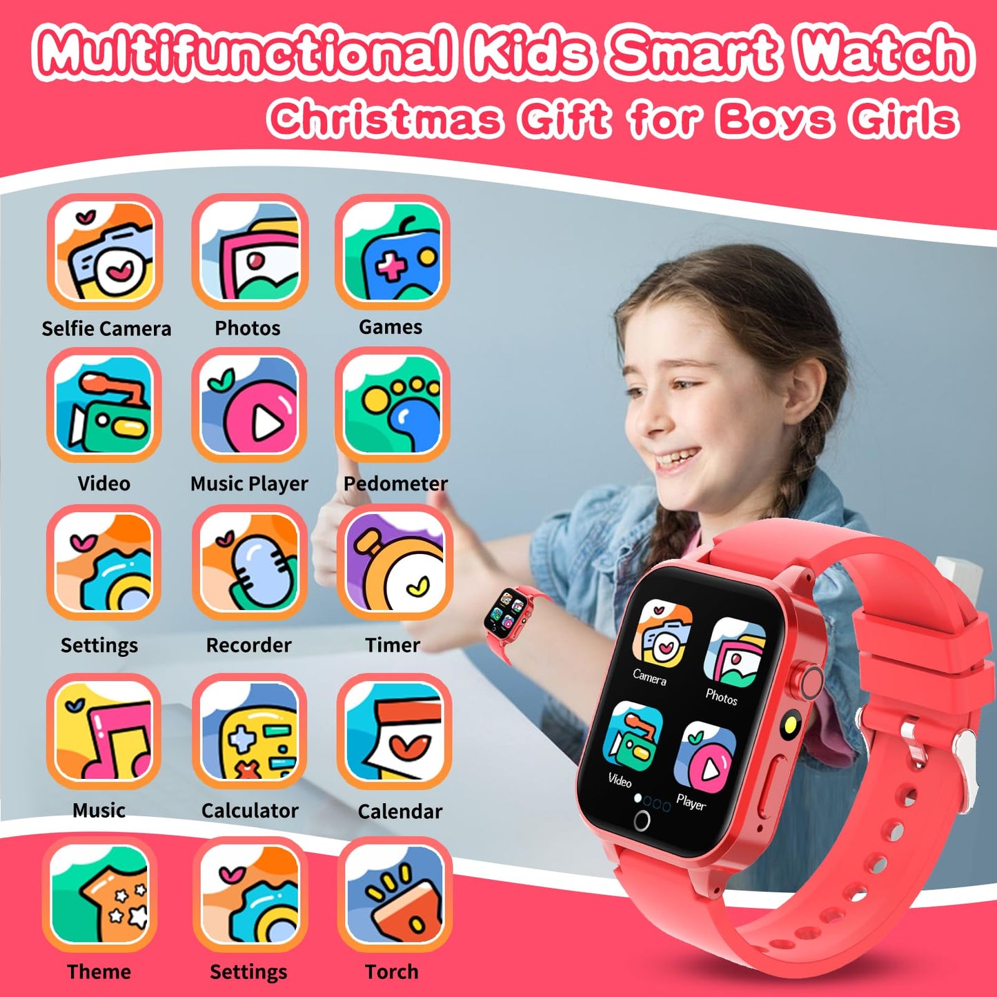 Kids Smart Watch Gift for Girls Age 5-12, 39 Games HD Touch Screen Watches with Video Camera Music Player Pedometer Flashlight 12/24 hr Educational Toys Birthday Gifts for Girls Ages 7 8 9 10
