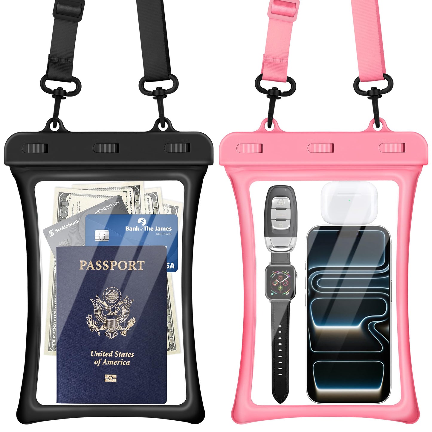 CACOE Floatable Waterproof Phone Pouch 2 Pack Up to 9.0", Black+Green | Floatable, IPX8 Waterproof Phone Case,Adjustable Lanyard,Dry Bags for Beach/Cruise/Travel/Camping/Kayak/Vacation Essentials