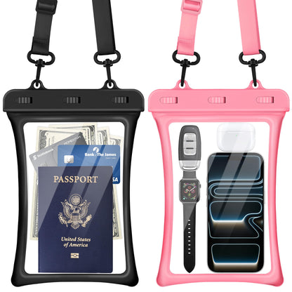 CACOE Floatable Waterproof Phone Pouch 2 Pack Up to 9.0", Black+Green | Floatable, IPX8 Waterproof Phone Case,Adjustable Lanyard,Dry Bags for Beach/Cruise/Travel/Camping/Kayak/Vacation Essentials