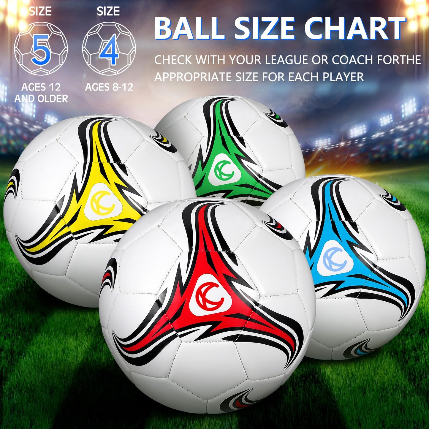 Tradder 4 Pack Soccer Ball with Pump Size 3 4 5 Deflated Soccer Ball for Outdoor Indoor Game Sport Practice Training Gift for Kid Youth Teen Adult Charity Donation
