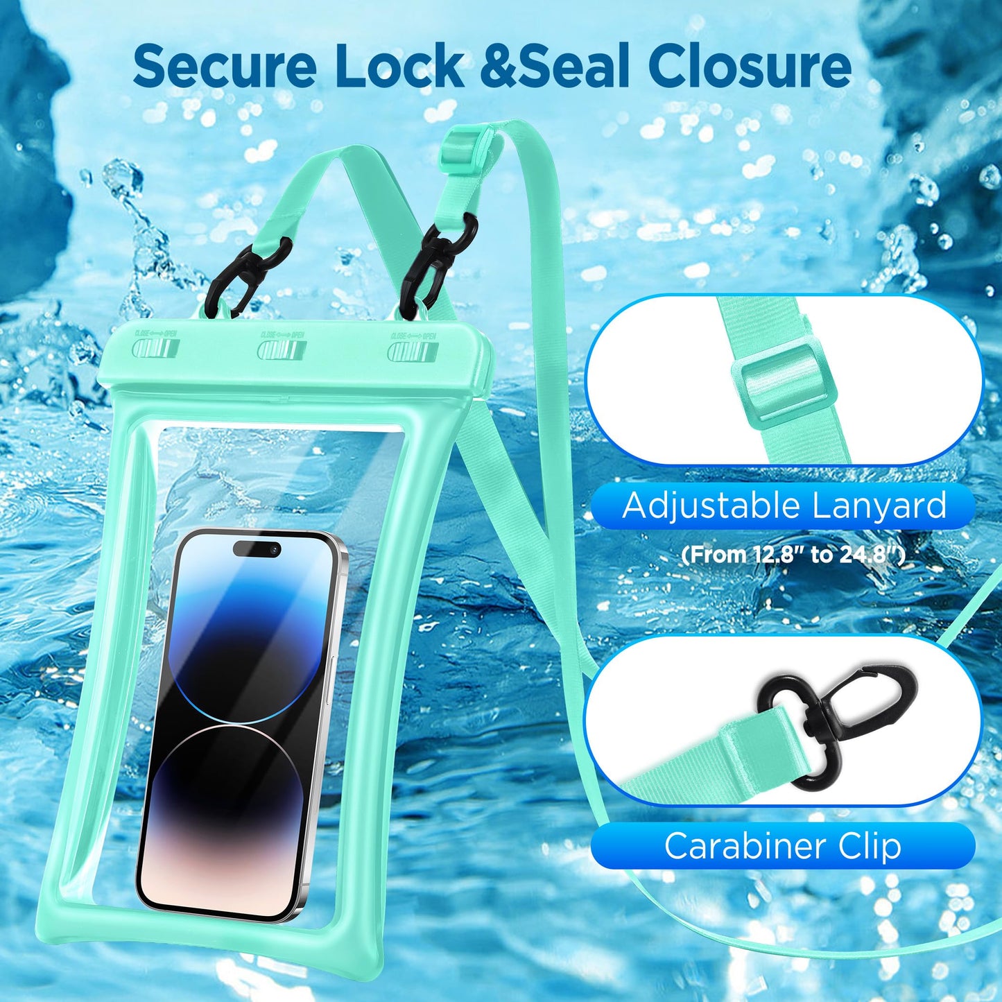 CACOE Floatable Waterproof Phone Pouch 2 Pack Up to 9.0", Black+Green | Floatable, IPX8 Waterproof Phone Case,Adjustable Lanyard,Dry Bags for Beach/Cruise/Travel/Camping/Kayak/Vacation Essentials
