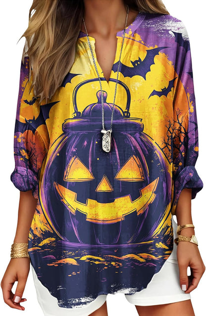 Womens Bohemian Print Tunic Top Cotton Blend V Neck Long Sleeve Loose Fit Casual Blouse for Summer Beach Vacation