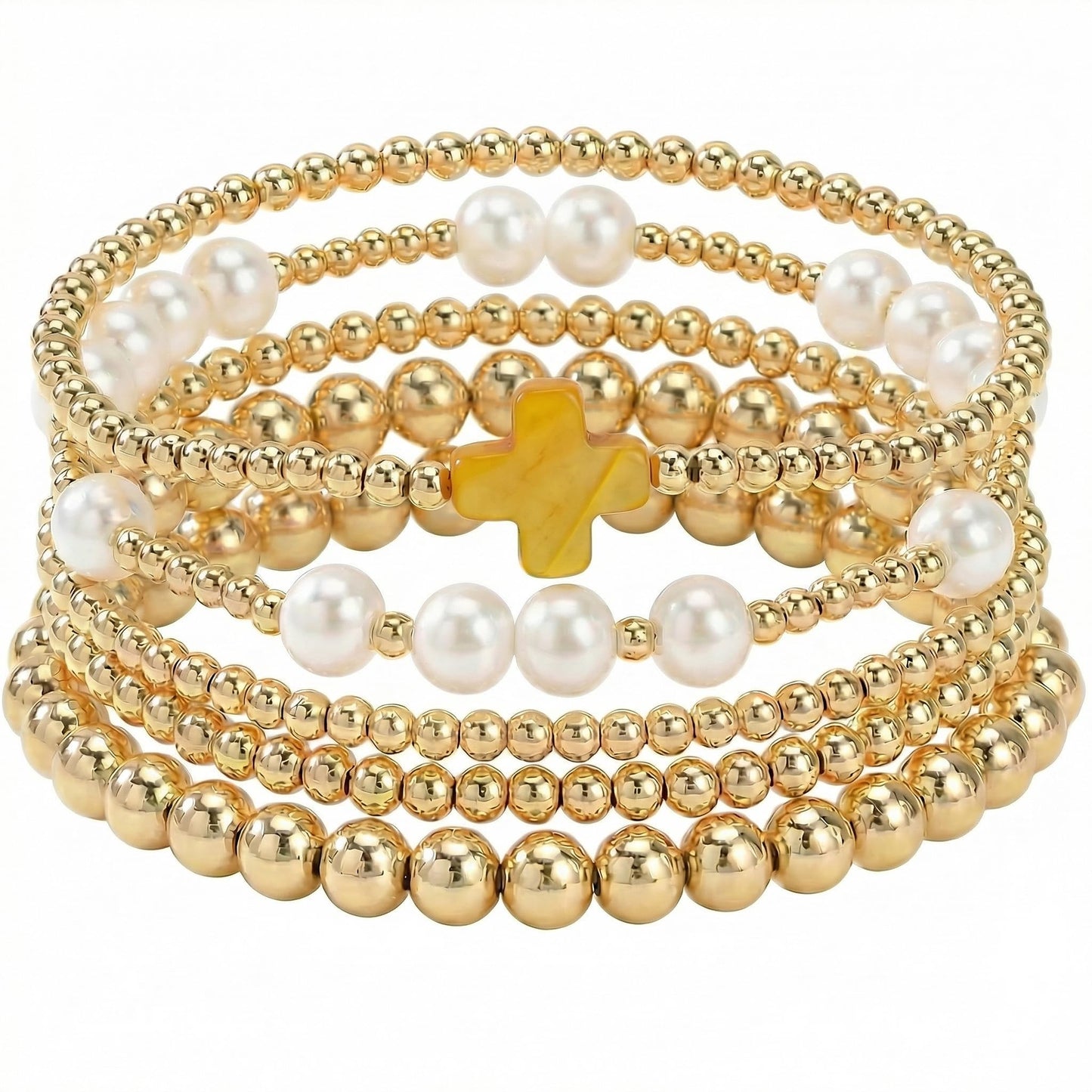14K Gold Plated Pearl Beaded Cross Bracelets Stack Set for Women,Stretch Boho Colorful Christian Beads Ball Jewelry Friendship Summer Trendy Gift