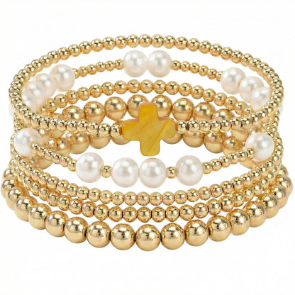 14K Gold Plated Pearl Beaded Cross Bracelets Stack Set for Women,Stretch Boho Colorful Christian Beads Ball Jewelry Friendship Summer Trendy Gift