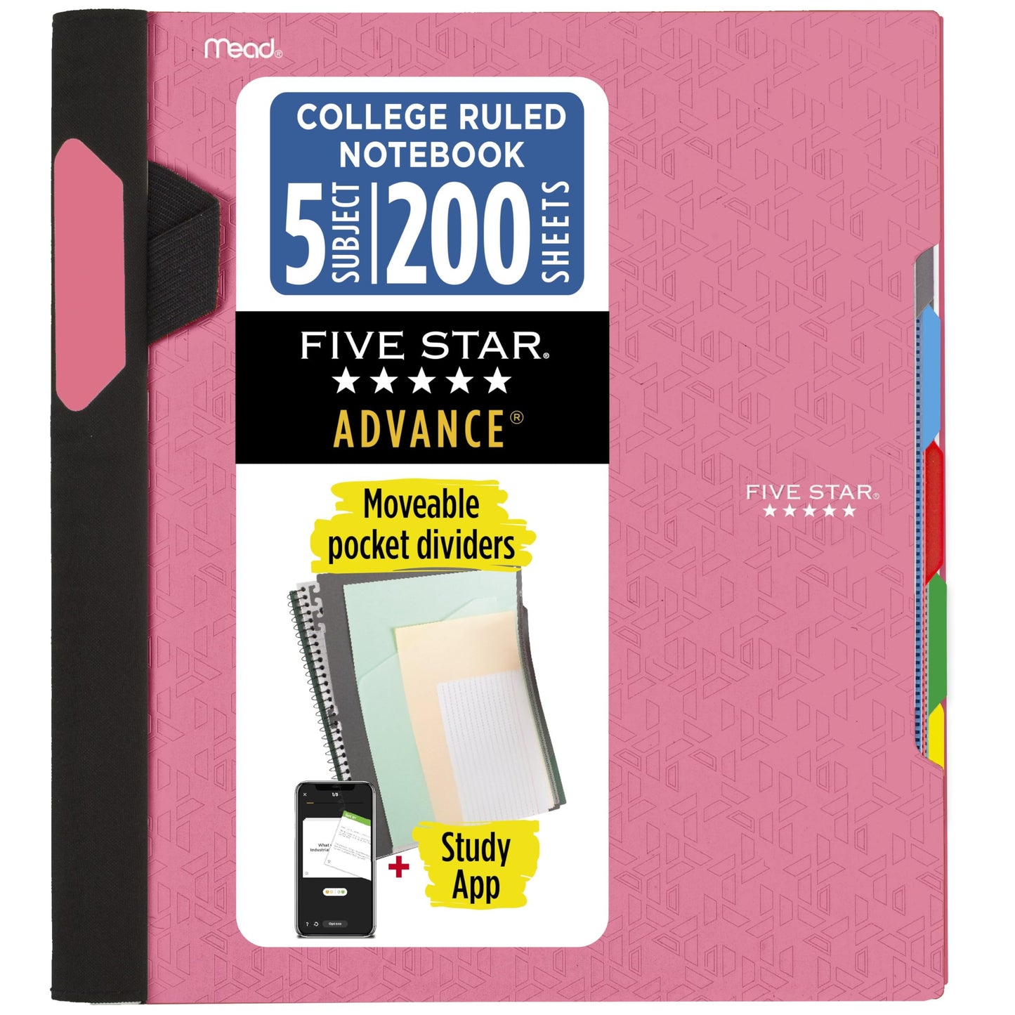 Five Star Advance Spiral Notebook + Study App, 5 Subject, College Ruled Paper, 8-1/2" x 11", 200 Sheets, Spiral Guard, Movable Tabbed Dividers, Black (73144)