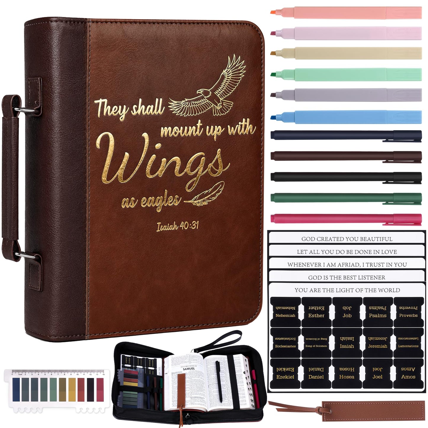 XKDOUS 20 Pcs Bible Case Set with Tabs, Pens, Study Supplies Carrier Holder Portable Men's Bible Bag Church Book Leather Cover Father Day Christian Gift for Dad, Mom, Men, Women