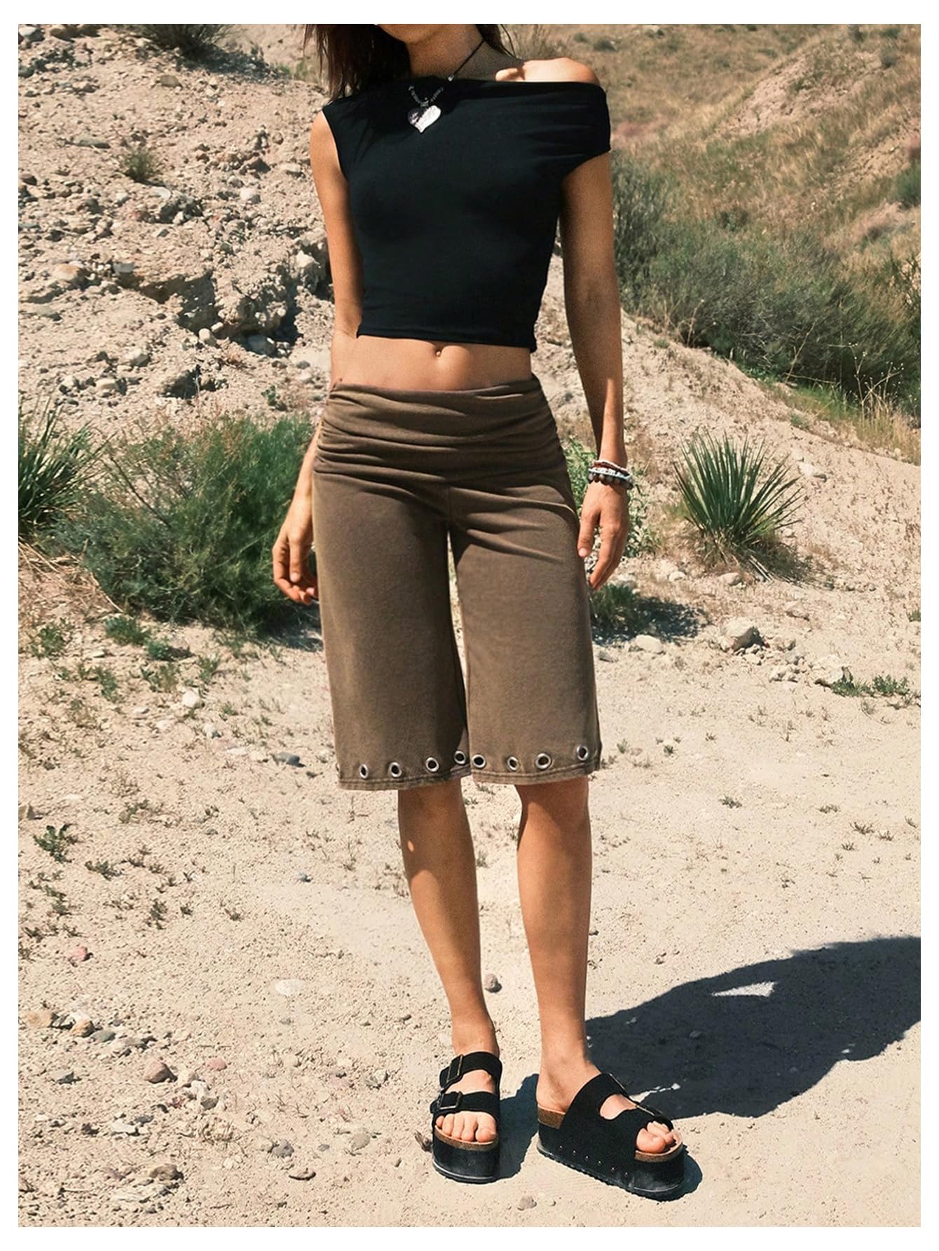 Verdusa Women's Fold Over Shorts Carpi Pants Washed Grommet Bermuda Shorts Gaucho Pants Going Out