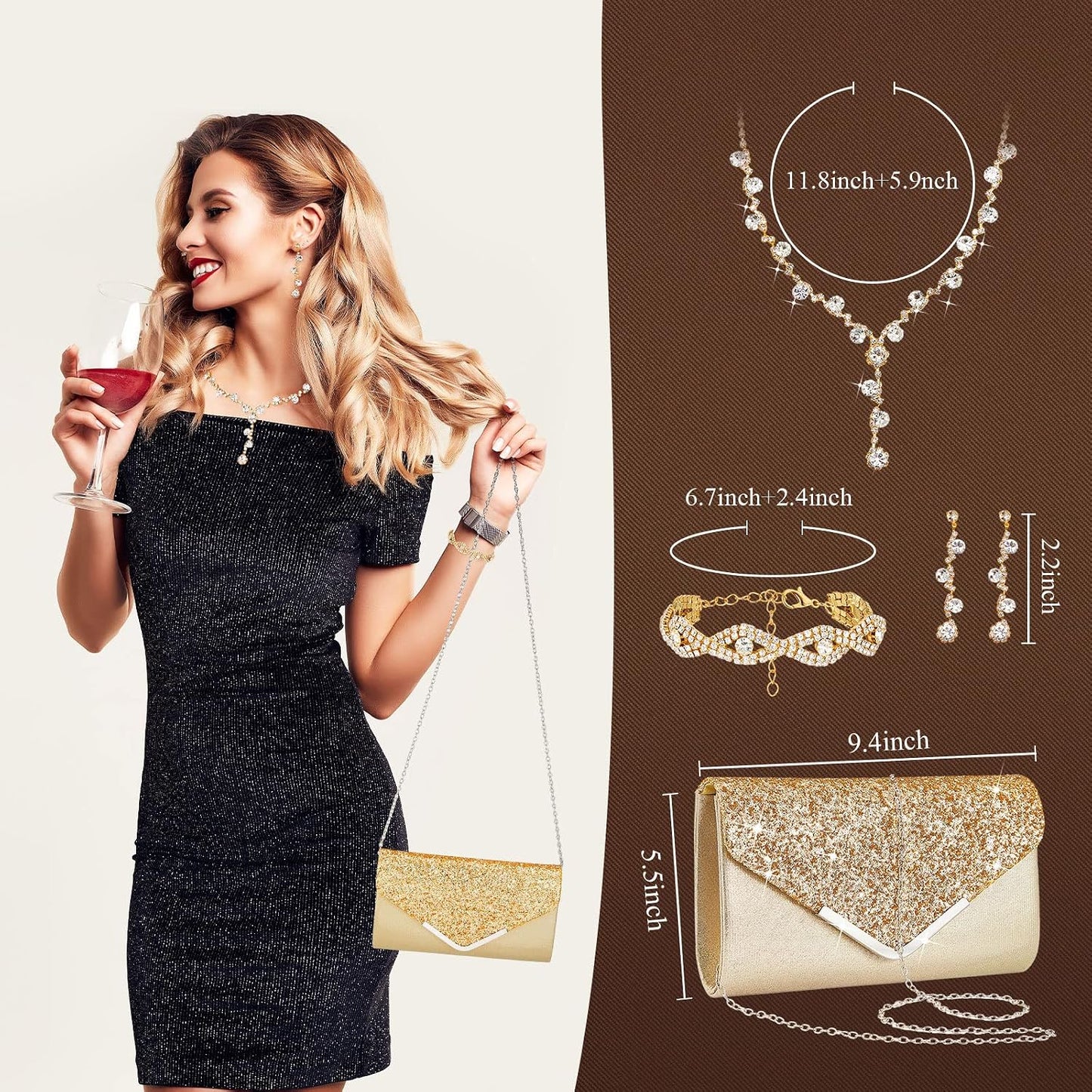 Henoyso 5 Pcs Purse Rhinestone Jewelry Set Prom Jewelry Rhinestone Clutch Purse Necklace Earrings Bracelets for Women Bride