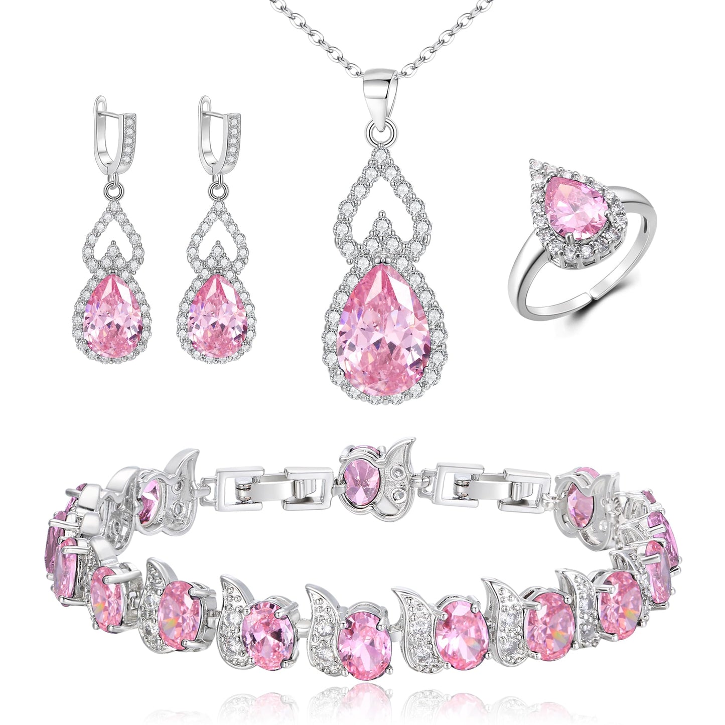 BriLove Wedding Jewelry Set for Women Bride Bridesmaid | Gorgeous Cubic Zirconia Teardrop Necklace Earrings Bracelet Adjustable Ring Jewelry Gift for Birthday/Anniversary