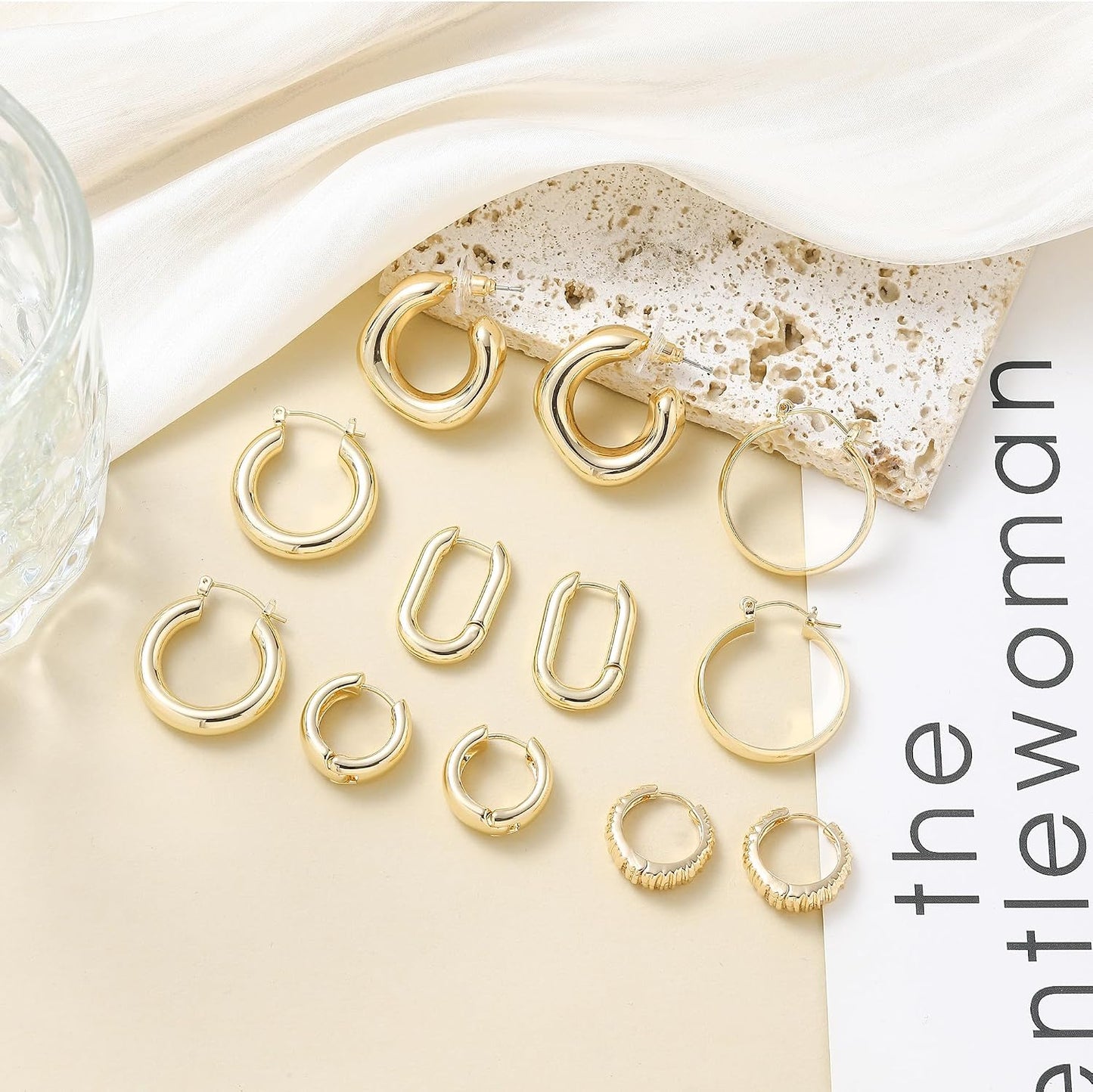 ALLHOLA 6 Pairs 14K Gold Plated Hoop Earrings for Women Trendy Chunky Lightweight Hoop Earrings Multipack Hypoallergenic, Thick Twisted Huggie Hoops Earring Set Jewelry for Gifts