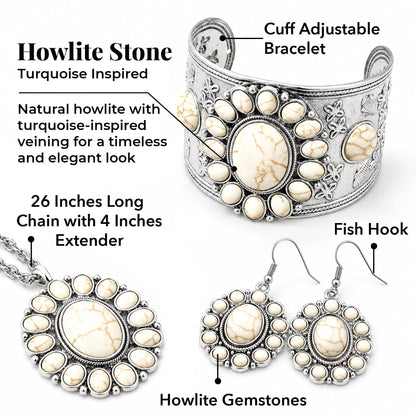 Shop LC Howlite Western Jewelry Set for Women Boho Cowgirl | 3-Piece Necklace Bracelet Earrings, Turquoise-Inspired, Chunky Statement, Southwestern