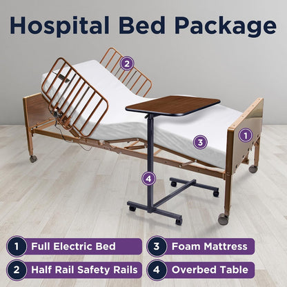Electric Hospital Bed for Home Use - Includes Foam Mattress, Half Rails, Overbed Table - Medical Bed Set for Long Term Care - 36" x 80"