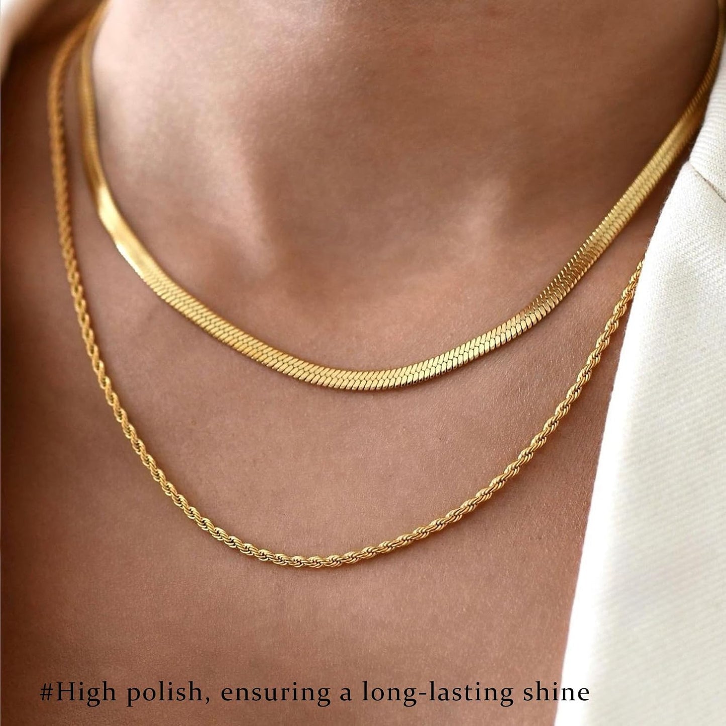 3PCS Gold Necklaces for Women,Chunky Statement Gold Plated Necklace Stack Layered Sterling Silver Herringbone Chains for Women Dainty Trendy Silver Chains Stacked Jewelry Gifts