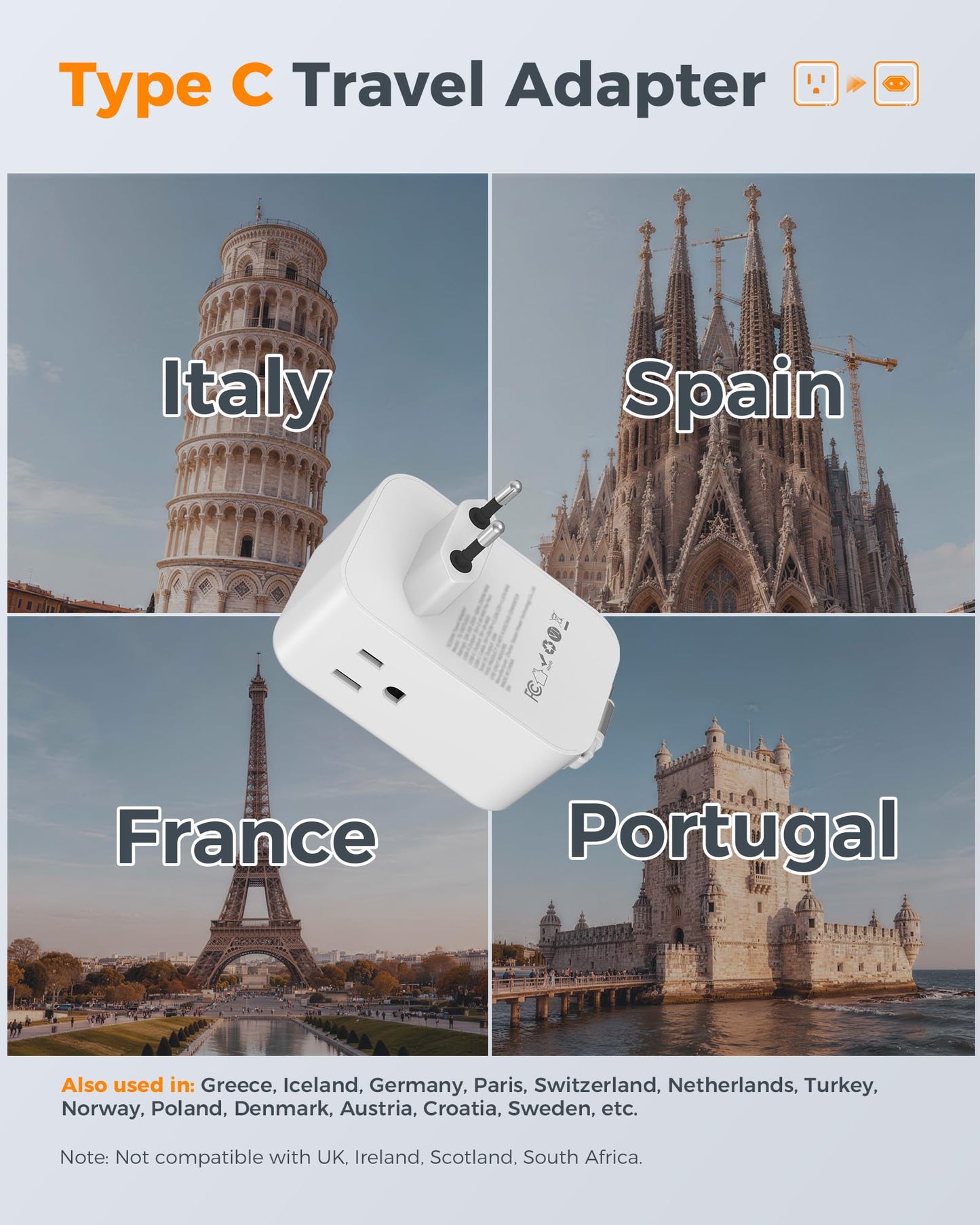 TESSAN 2 Pack European Travel Plug Adapter, Europe Power Converter