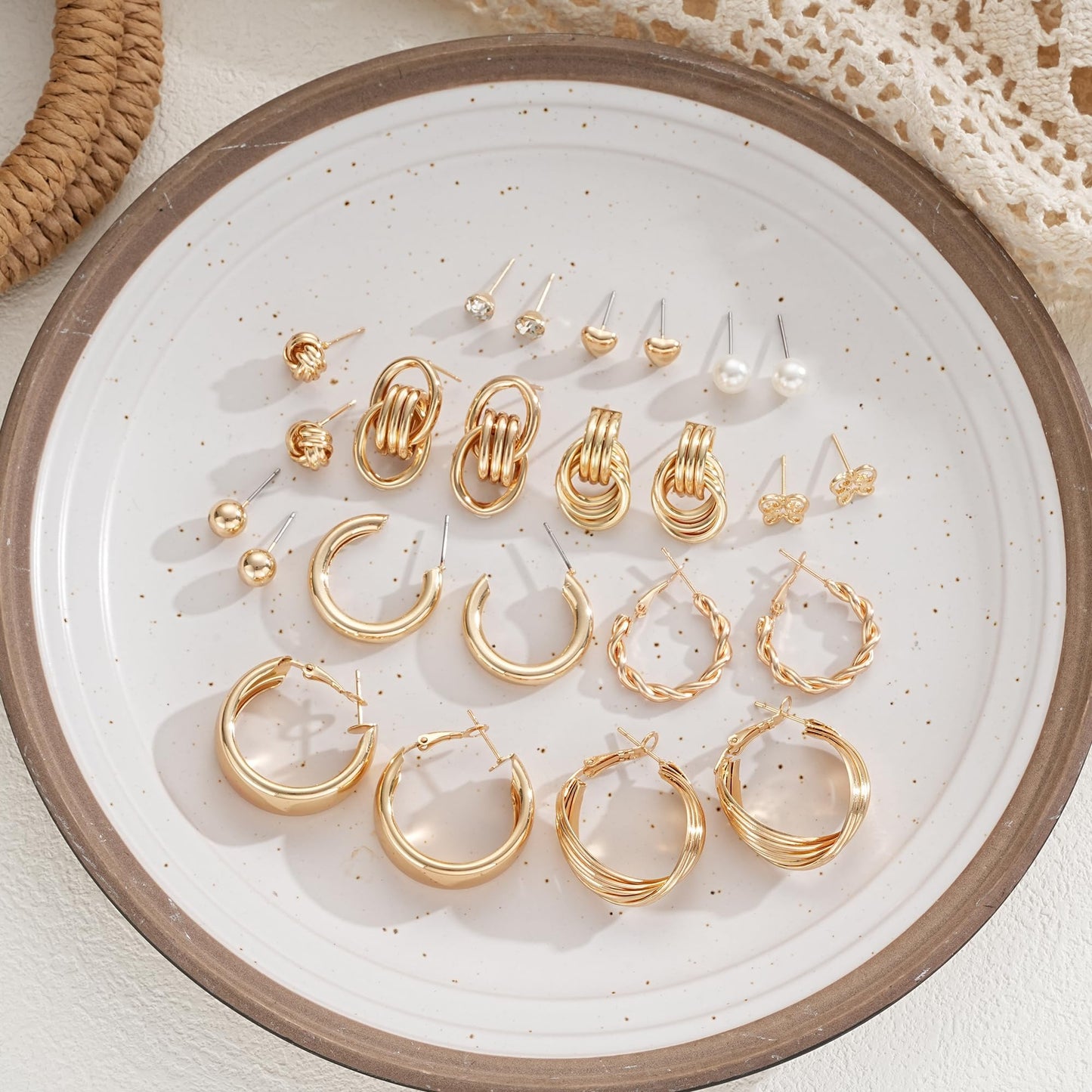 12 Pairs Chunky Gold Hoop Earrings for Women Trendy, Gold Plated Lightweight Hypoallergenic Stack, Thick Open Twisted Huggie Hoops Earring Set