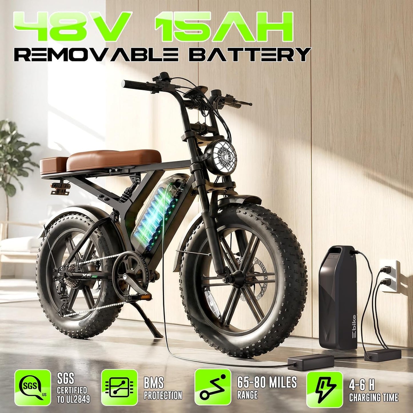 Electric Bike for Adults, Peak 1500W Motor Retro E Bike, Range 65/120Miles, 48V 15Ah Removable Battery, 20"x4" Fat Tires, Full Suspension, APP Control, Off-Road Ebike for City Commuting