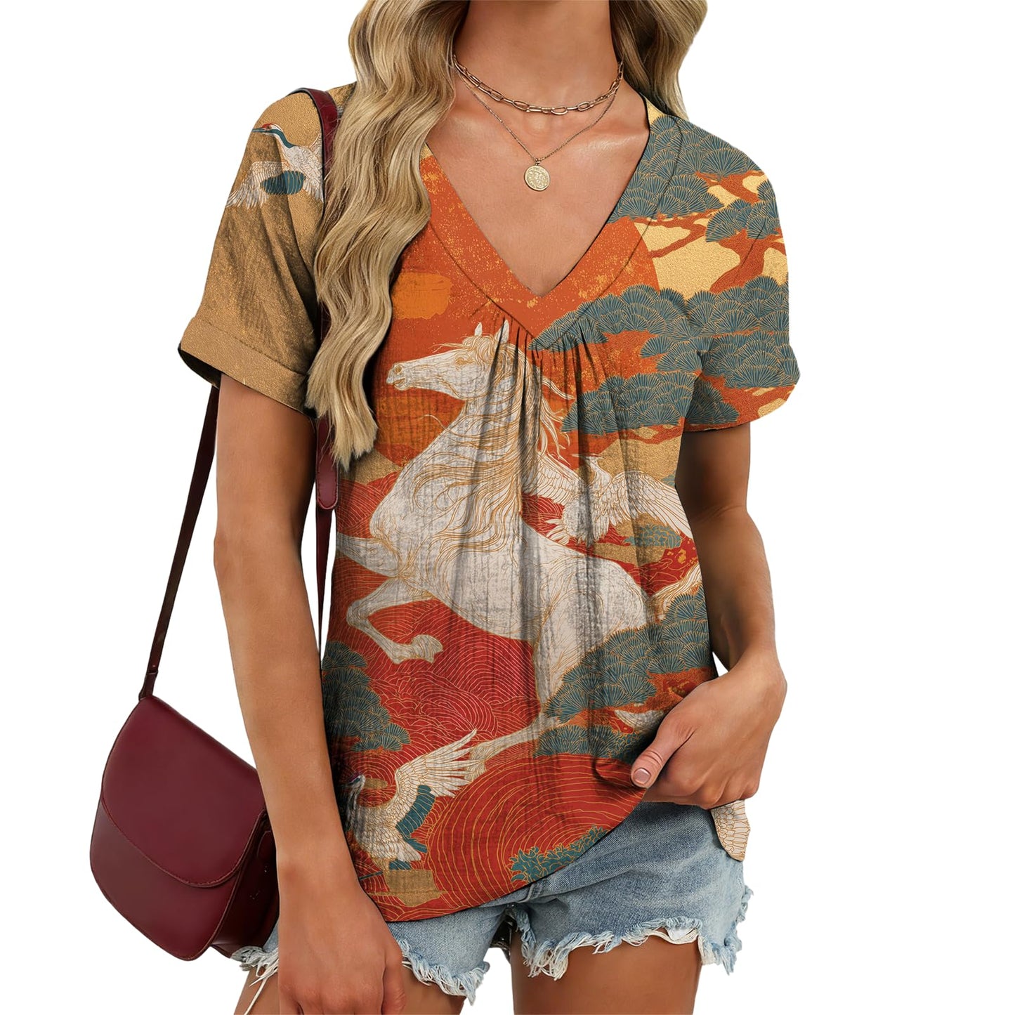 domirica Japanese Print Blouse Women V Neck Short Sleeve Lightweight Breathable Summer Casual Soft Comfy Tops 2026