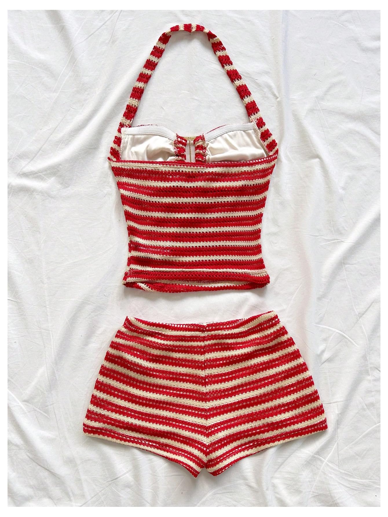 SOLY HUX Women's Summer 2 Piece Outfits Striped Crochet Halter Top Mini Shorts Set Beach Vacation Y2K Sets