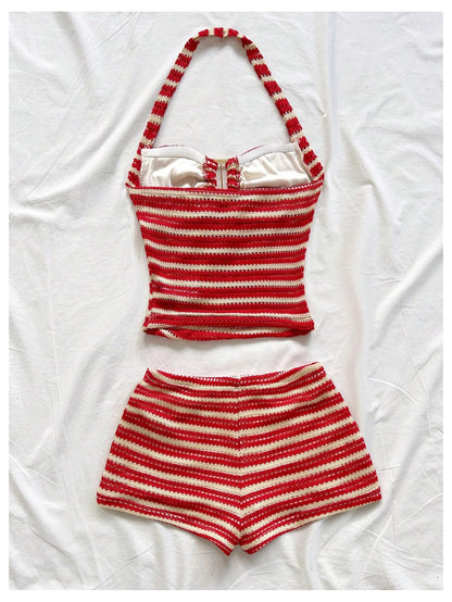 SOLY HUX Women's Summer 2 Piece Outfits Striped Crochet Halter Top Mini Shorts Set Beach Vacation Y2K Sets