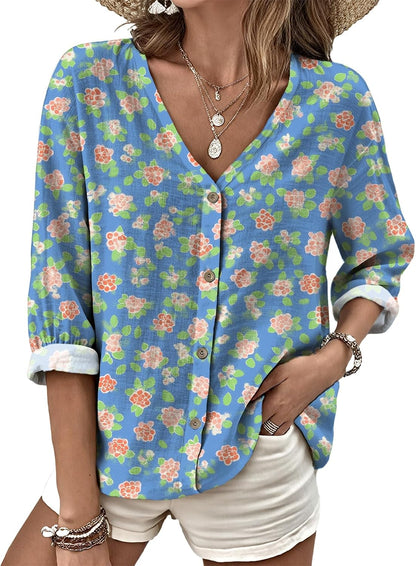 MARSVOVO V Neck Shirts for Women Lightweight Decorative Button 3/4 Sleeve Blouses Comfy Casual Business Flowy Top