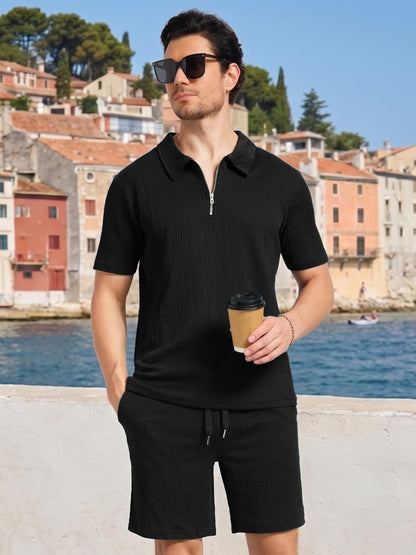 yuyangdpb Men's 2 Piece Summer Vacation Outfits Polo Shirt & Shorts Set | Breathable Textured Knit Fabric, Stretchy, Soft, Moisture-wicking, Lightweight, Ideal for Beach Casual Tracksuit, M-2XL
