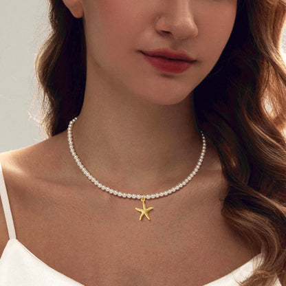 Zeffy Shell Necklace for Women,14K Gold Plated Layered Starfish Conch SeaShell Pearl Pendant Charm Necklace Stack Waterproof Dainty Beach Jewelry for Summer Vacation